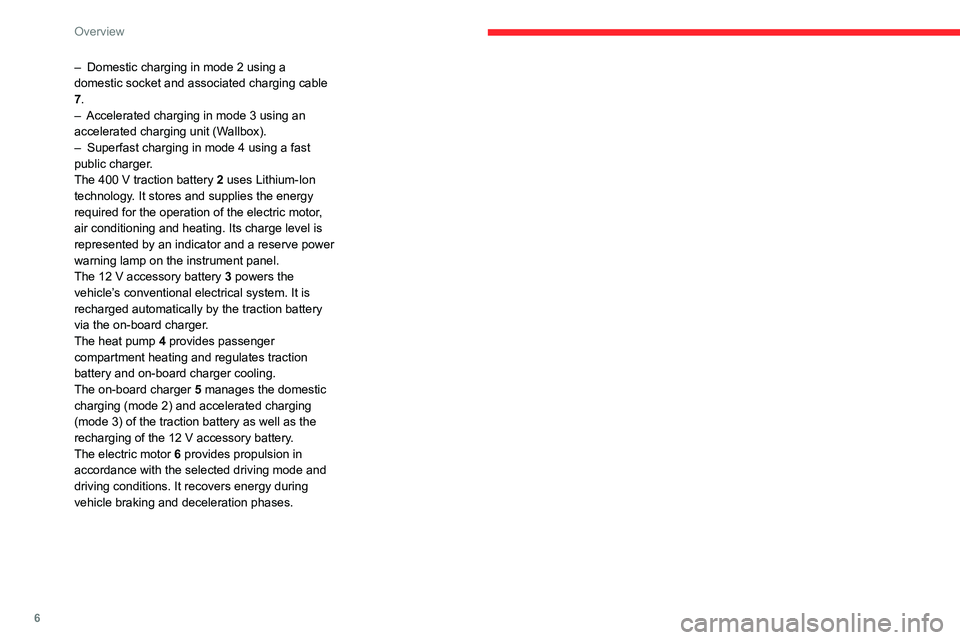 CITROEN C4 2020  Owners Manual 6
Overview
– Domestic charging in mode 2 using a 
domestic socket and associated charging cable 
7
.
–
 
Accelerated charging in mode 3 using an 
accelerated charging unit (W

allbox).
–
 
Super