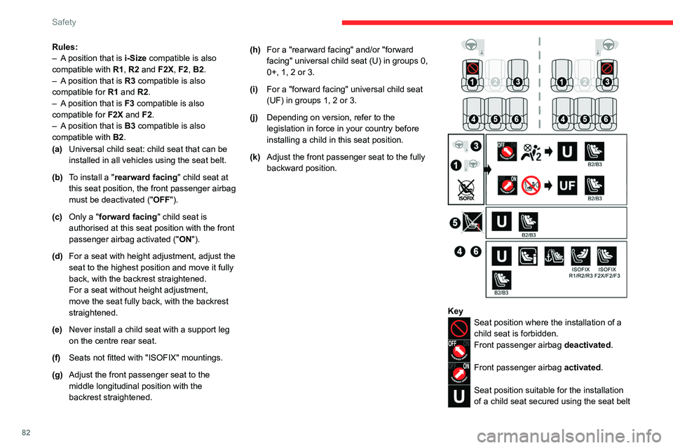 CITROEN C4 2020 Manual Online 82
Safety
Rules:
– A position that is i-Size compatible is also
compatible with R1, R2 and F2X, F2, B2.
–
A
position that is R3 compatible is also
compatible for R1 and R2.
–
A
posi CITROEN C4 2020 Manual Online 82
Safety
Rules:
– A position that is i-Size compatible is also
compatible with R1, R2 and F2X, F2, B2.
–
A
position that is R3 compatible is also
compatible for R1 and R2.
–
A
posi