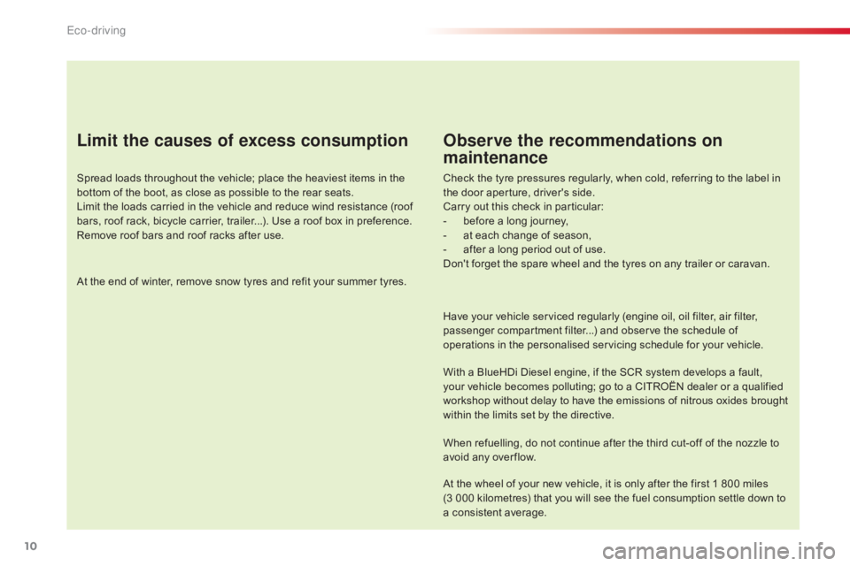 CITROEN C4 2019  Owners Manual 10
C4-cactus_en_Chap00c_eco-conduite_ed01-2016
Limit the causes of excess consumption
Spread loads throughout the vehicle; place the heaviest items in the bottom   of   the   boot,   as