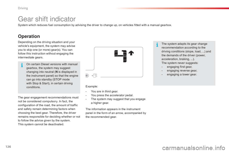 CITROEN C4 2019 Owners Manual 126
C4-cactus_en_Chap06_conduite_ed01-2016
Operation
Gear shift indicator
System which reduces fuel consumption by advising the driver to change up, on vehicles fitted with a manual CITROEN C4 2019 Owners Manual 126
C4-cactus_en_Chap06_conduite_ed01-2016
Operation
Gear shift indicator
System which reduces fuel consumption by advising the driver to change up, on vehicles fitted with a manualÂ