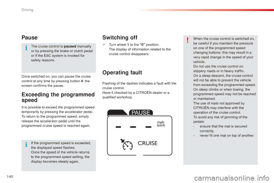 CITROEN C4 2019  Owners Manual 140
C4-cactus_en_Chap06_conduite_ed01-2016
Flashing of the dashes indicates a fault with the cruise   control.
Have
  it   checked   by   a   CITROËN   dealer   or   a  
q

ualifie