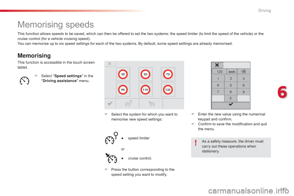 CITROEN C4 2019  Owners Manual 141
C4-cactus_en_Chap06_conduite_ed01-2016
Memorising speeds
Memorising
This function allows speeds to be saved, which can then be offered to set the two systems: the speed limiter