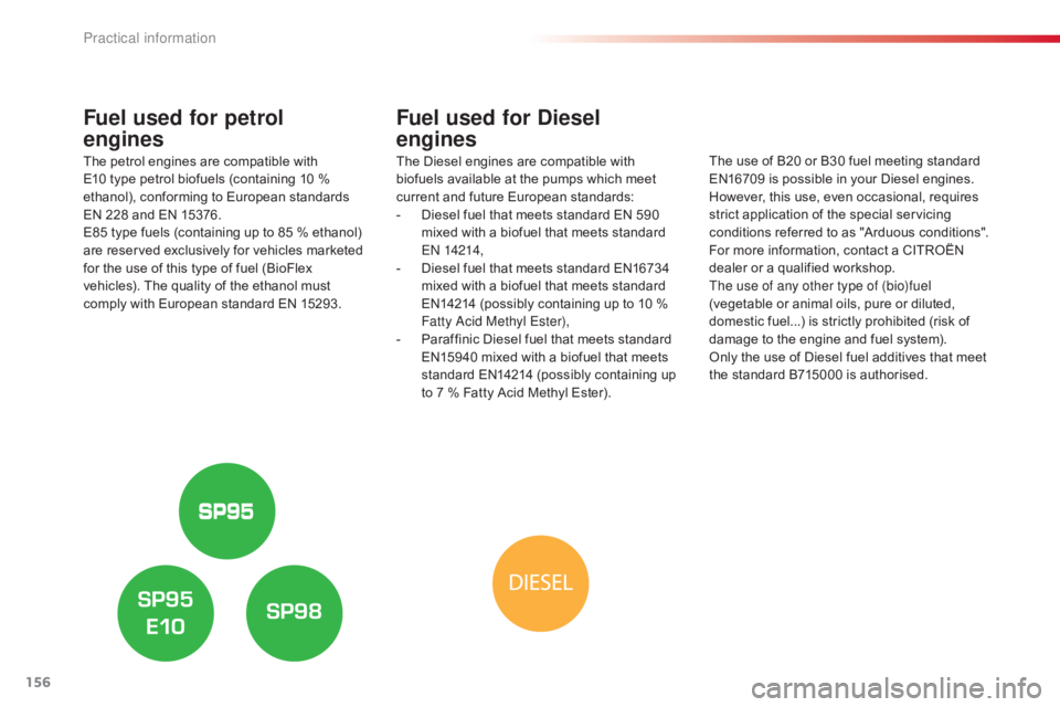 CITROEN C4 2019  Owners Manual 156
C4-cactus_en_Chap07_info-pratiques_ed01-2016
Fuel used for petrol  
engines
The petrol engines are compatible with E
10 type   petrol   biofuels   (containing   10   %  
e

thanol), �