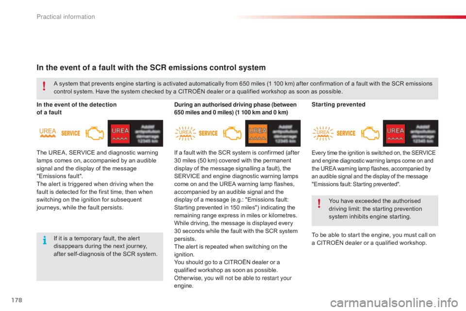 CITROEN C4 2019  Owners Manual 178
C4-cactus_en_Chap07_info-pratiques_ed01-2016
In the event of a fault with the SCR emissions control system
In the event of the detection  
of a faultDuring an authorised driving phase (between 
65
