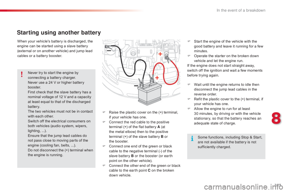 CITROEN C4 2019  Owners Manual 213
C4-cactus_en_Chap08_En-cas-de-panne_ed01-2016
When your vehicle's battery is discharged, the engine   can   be   started   using   a   slave   battery  
(

external   or   on 