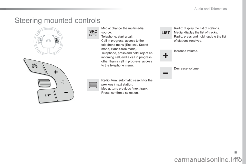 CITROEN C4 2019  Owners Manual 233
C4-cactus_en_Chap10b_SMEGplus_ed01-2016
Steering mounted controls
Media: change the multimedia source.
Telephone:
  start   a   call.
Call
  in   progress:   access   to   the  
t

