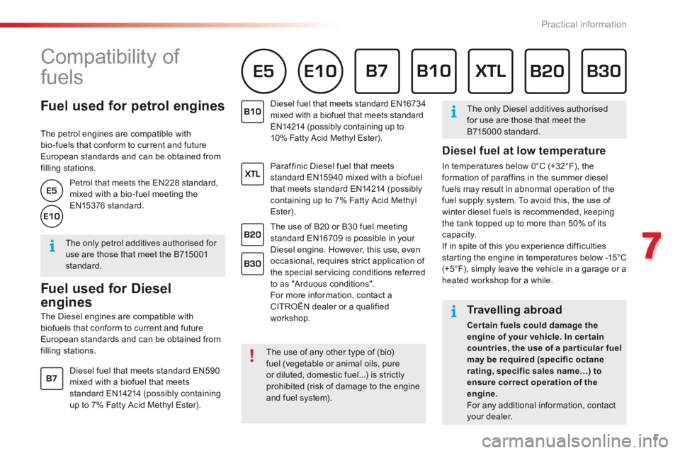 CITROEN C4 2019  Owners Manual 5
7
Practical information
          Fuel  used  for  petrol  engines 
  The petrol engines are compatible with bio-fuels that conform to current and future European standards and can be obtained from 