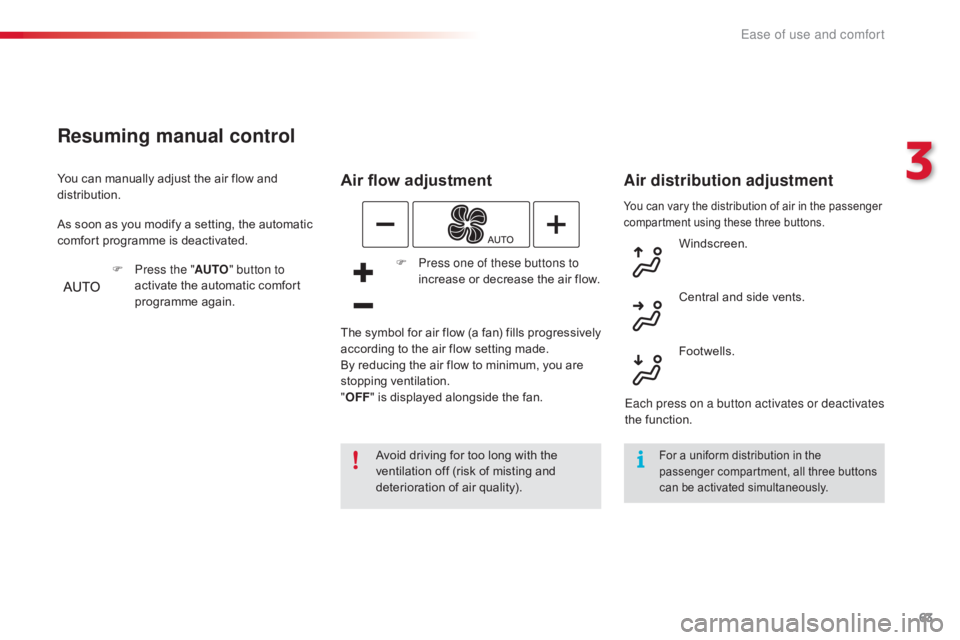 CITROEN C4 2019 Repair Manual 63
C4-cactus_en_Chap03_Ergonomie-et-confort_ed01-2016
You can vary the distribution of air in the passenger compartment   using   these   three   buttons.
Air flow adjustment
Avoid driv