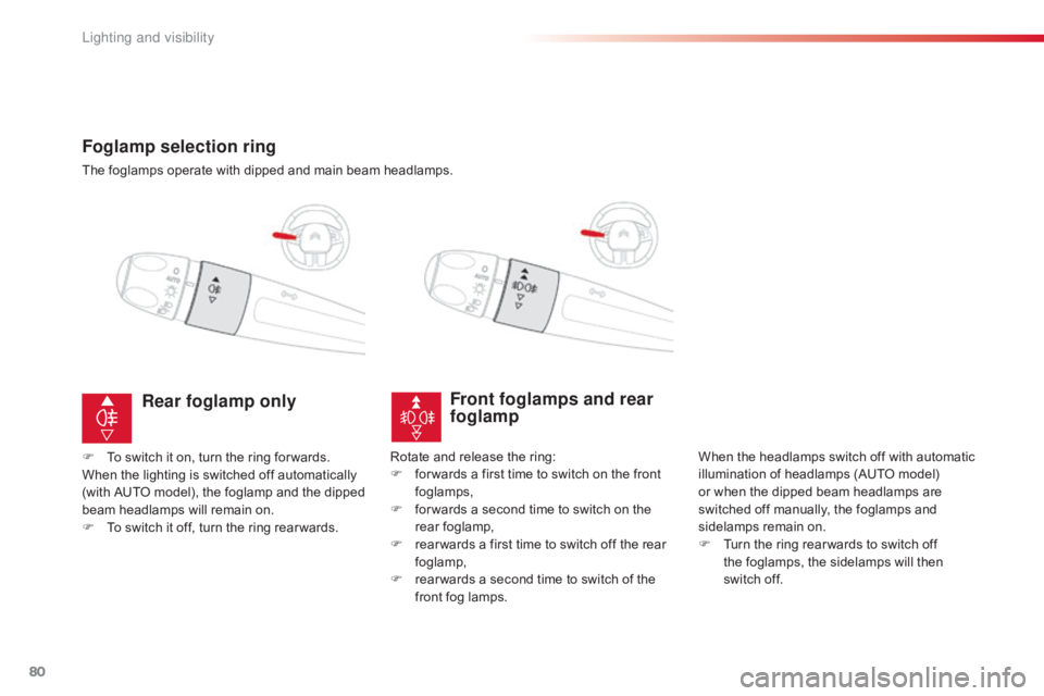 CITROEN C4 2019 Owners Manual 80
C4-cactus_en_Chap04_Eclairage-et-visibilite_ed01-2016
Foglamp selection ring
The foglamps operate with dipped and main beam headlamps.
Front foglamps and rear
foglamp
When the headlamps CITROEN C4 2019 Owners Manual 80
C4-cactus_en_Chap04_Eclairage-et-visibilite_ed01-2016
Foglamp selection ring
The foglamps operate with dipped and main beam headlamps.
Front foglamps and rear
foglamp
When the headlampsÂ