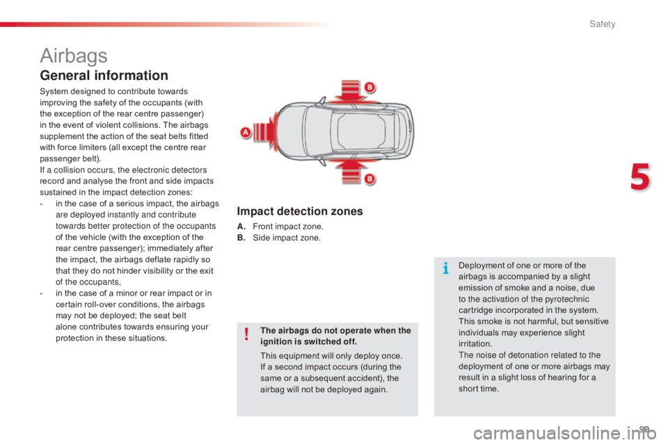 CITROEN C4 2018 Owners Manual 99
C4-cactus_en_Chap05_securite_ed01-2016
Airbags
General information
System designed to contribute towards improving the safety of the occupants (with
t
he exception CITROEN C4 2018 Owners Manual 99
C4-cactus_en_Chap05_securite_ed01-2016
Airbags
General information
System designed to contribute towards improving the safety of the occupants (with
t
he exception