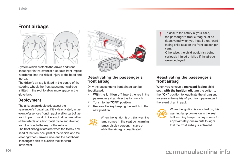 CITROEN C4 2018 Owners Manual 100
C4-cactus_en_Chap05_securite_ed01-2016
Deactivating the passenger's
front airbag
Only the passenger's front airbag can be deactivated.
F
W
ith the ignition off ,
insert th CITROEN C4 2018 Owners Manual 100
C4-cactus_en_Chap05_securite_ed01-2016
Deactivating the passenger's
front airbag
Only the passenger's front airbag can be deactivated.
F
W
ith the ignition off ,
insert th