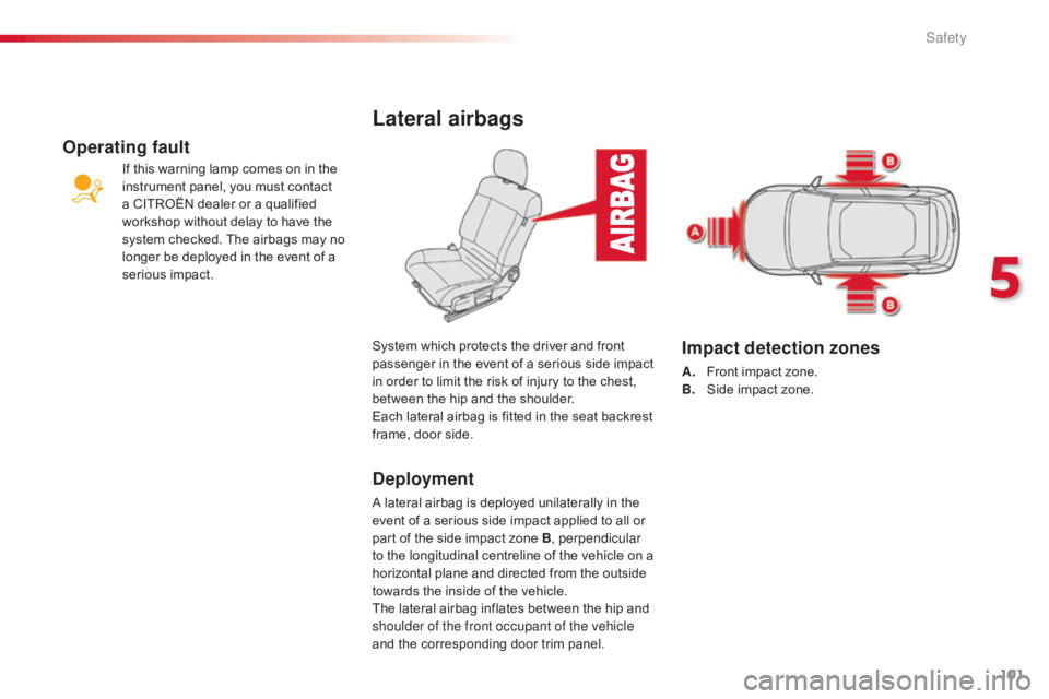 CITROEN C4 2018 Owners Manual 101
C4-cactus_en_Chap05_securite_ed01-2016
Lateral airbags
Deployment
A lateral airbag is deployed unilaterally in the event of a serious side impact applied to all CITROEN C4 2018 Owners Manual 101
C4-cactus_en_Chap05_securite_ed01-2016
Lateral airbags
Deployment
A lateral airbag is deployed unilaterally in the event of a serious side impact applied to all