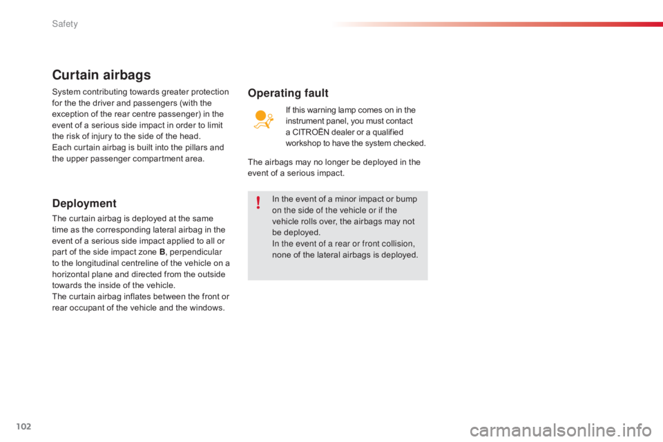 CITROEN C4 2018 Owners Manual 102
C4-cactus_en_Chap05_securite_ed01-2016
In the event of a minor impact or bump on the side of the vehicle or if the
vehicle
rolls over, the airbags may not
b
e de CITROEN C4 2018 Owners Manual 102
C4-cactus_en_Chap05_securite_ed01-2016
In the event of a minor impact or bump on the side of the vehicle or if the
vehicle
rolls over, the airbags may not
b
e de