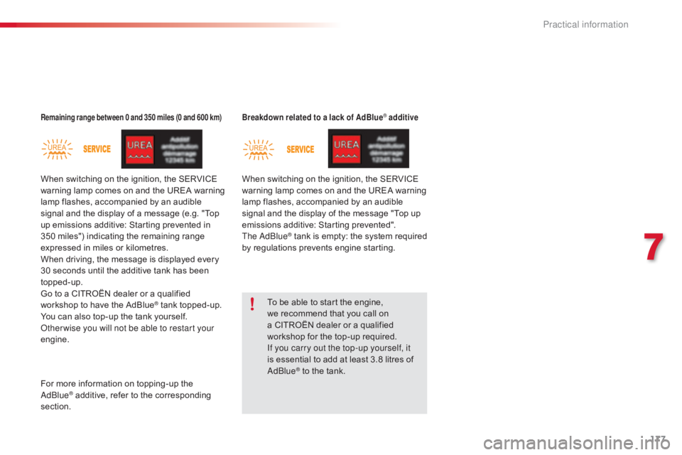 CITROEN C4 2018 Owners Manual 177
C4-cactus_en_Chap07_info-pratiques_ed01-2016
Remaining range between 0 and 350 miles (0 and 600 km)Breakdown related to a lack of AdBlue® additive
To be able to start the engine, we  rec CITROEN C4 2018 Owners Manual 177
C4-cactus_en_Chap07_info-pratiques_ed01-2016
Remaining range between 0 and 350 miles (0 and 600 km)Breakdown related to a lack of AdBlue® additive
To be able to start the engine, we  rec