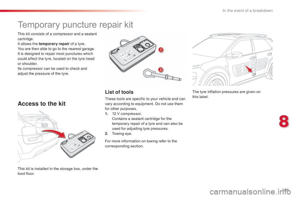 CITROEN C4 2018  Owners Manual 185
C4-cactus_en_Chap08_En-cas-de-panne_ed01-2016
The tyre inflation pressures are given on this label.
This
 
k

it
 
i

s
 
i

nstalled
 
i

n
 
t

he
 
s

torage
 
b

ox,
 
u

nder
