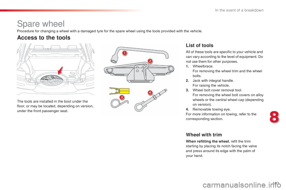 CITROEN C4 2018 Owners Manual 191
C4-cactus_en_Chap08_En-cas-de-panne_ed01-2016
Spare wheel
The tools are installed in the boot under the
floor, or  may  be  located,  depending  on  version, Â
u
nder
 t
he
 f
CITROEN C4 2018 Owners Manual 191
C4-cactus_en_Chap08_En-cas-de-panne_ed01-2016
Spare wheel
The tools are installed in the boot under the
floor, or  may  be  located,  depending  on  version, Â
u
nder
 t
he
 f