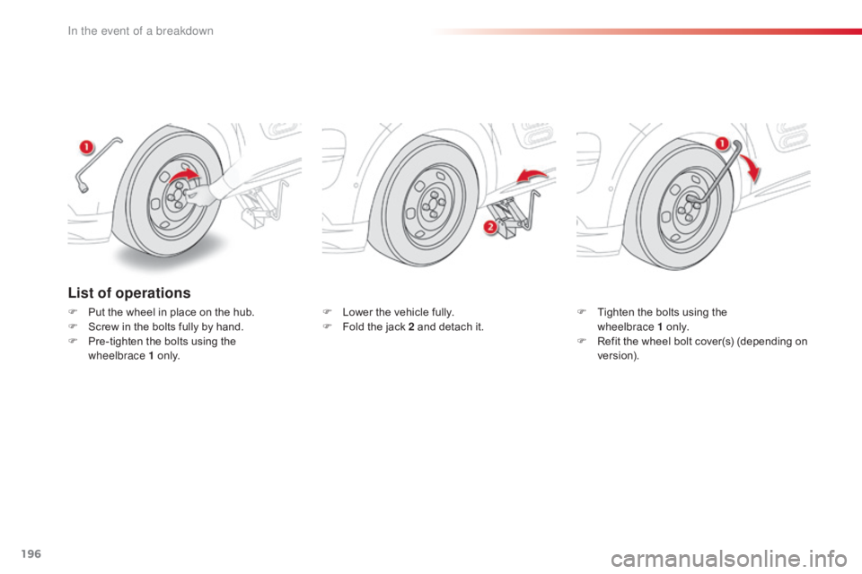 CITROEN C4 2018 Owners Manual 196
C4-cactus_en_Chap08_En-cas-de-panne_ed01-2016
List of operations
F Put the  wheel  in  place  on  the  hub.
F  S crew  in  the  bolts  fully  by  hand.
F
Â
P
re-tight CITROEN C4 2018 Owners Manual 196
C4-cactus_en_Chap08_En-cas-de-panne_ed01-2016
List of operations
F Put the  wheel  in  place  on  the  hub.
F  S crew  in  the  bolts  fully  by  hand.
F
Â
P
re-tight