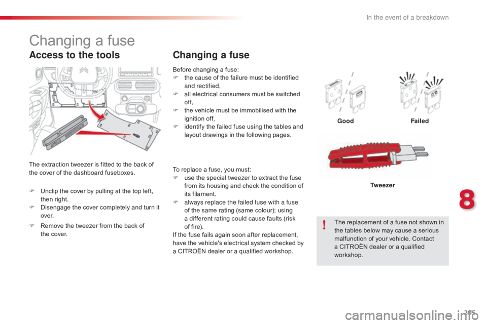 CITROEN C4 2018 Owners Manual 205
C4-cactus_en_Chap08_En-cas-de-panne_ed01-2016
Before changing a fuse:
F  t he  cause  of  the  failure  must  be  identified Â
a
nd rectified,
F
Â
a
ll  electrical  consu CITROEN C4 2018 Owners Manual 205
C4-cactus_en_Chap08_En-cas-de-panne_ed01-2016
Before changing a fuse:
F  t he  cause  of  the  failure  must  be  identified Â
a
nd rectified,
F
Â
a
ll  electrical  consu