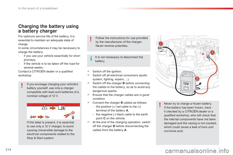CITROEN C4 2018 Owners Manual 214
C4-cactus_en_Chap08_En-cas-de-panne_ed01-2016
Charging the battery using
a battery charger
For optimum service life of the battery, it is essential to maintain an adequate CITROEN C4 2018 Owners Manual 214
C4-cactus_en_Chap08_En-cas-de-panne_ed01-2016
Charging the battery using
a battery charger
For optimum service life of the battery, it is essential to maintain an adequate