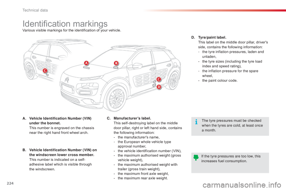 CITROEN C4 2018 Owners Manual 224
C4-cactus_en_Chap09_caracteristiques-techniques_ed01-2016
Identification markingsVarious visible markings for the identification of your vehicle.
A.
V
ehicle Identification Number (VIN) CITROEN C4 2018 Owners Manual 224
C4-cactus_en_Chap09_caracteristiques-techniques_ed01-2016
Identification markingsVarious visible markings for the identification of your vehicle.
A.
V
ehicle Identification Number (VIN)
