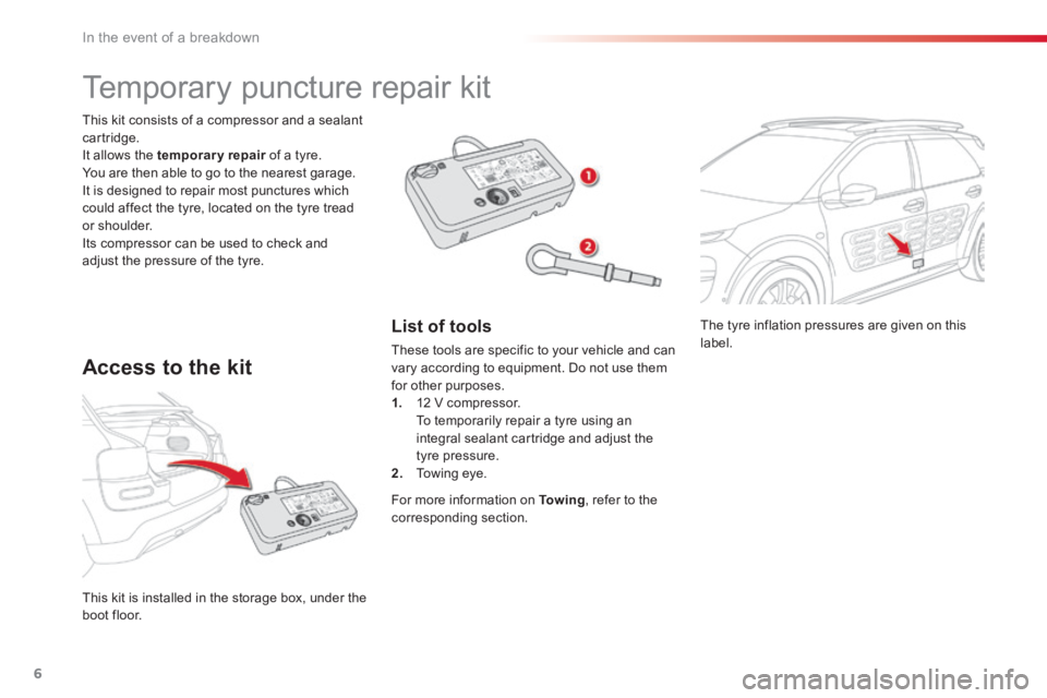 CITROEN C4 2018 Owners Manual 6
In the event of a breakdown
The tyre inflation pressures are given on this label.
This kit is installed in the storage box, under the boot floor.
This kit consists of a compressor and CITROEN C4 2018 Owners Manual 6
In the event of a breakdown
The tyre inflation pressures are given on this label.
This kit is installed in the storage box, under the boot floor.
This kit consists of a compressor and