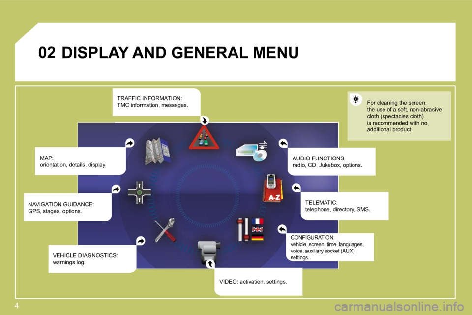 CITROEN C4 2007  Owners Manual 4
02 DISPLAY AND GENERAL MENU 
 MAP: orientation, details, display.  AUDIO FUNCTIONS: radio, CD, Jukebox, options. 
� �F�o�r� �c�l�e�a�n�i�n�g� �t�h�e� �s�c�r�e�e�n�,� the use of a soft, non-abrasive 