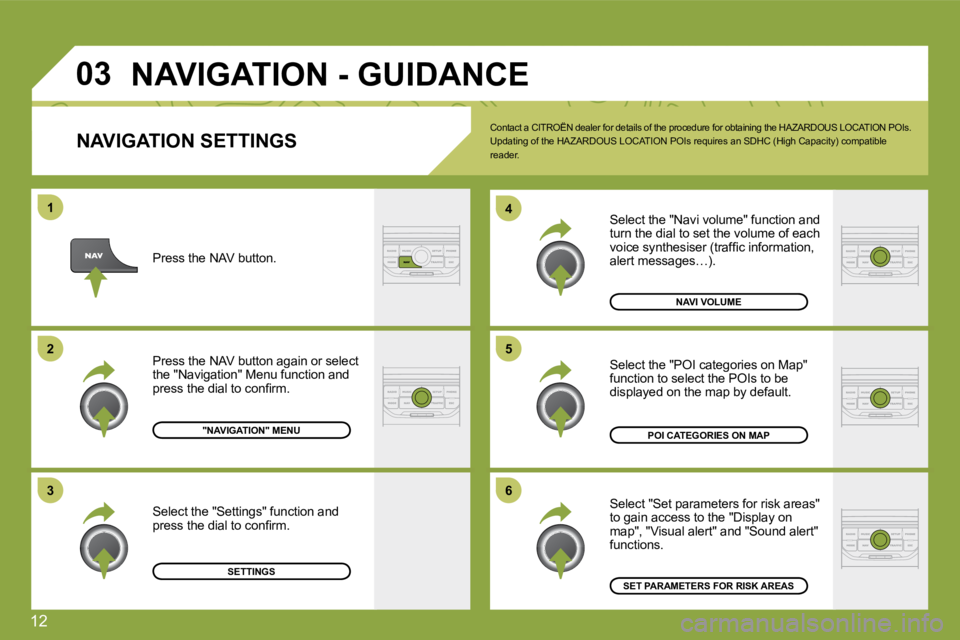 CITROEN C4 2007  Owners Manual 12
�0�3
�6
�4
�5
�1
�2
�3
� � �N�A�V�I�G�A�T�I�O�N� �S�E�T�T�I�N�G�S� 
 Select the "Navi volume" function and turn the dial to set the volume of each �v�o�i�c�e� �s�y�n�t�h�e�s�i�s�e�r� �(�t�r�a�f�ﬁ