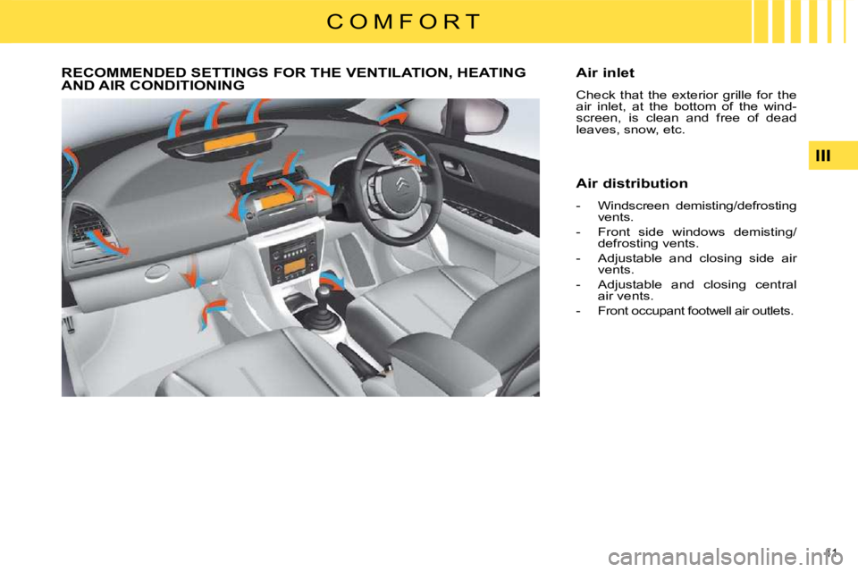 CITROEN C4 2007 Owners Manual 41 
III
C O M F O R T
           RECOMMENDED SETTINGS FOR THE VENTILATION, HEATING AND AIR CONDITIONING   Air inlet  
 Check  that  the  exterior  grille  for  the  
air  inlet,  at  the  bottom  of  