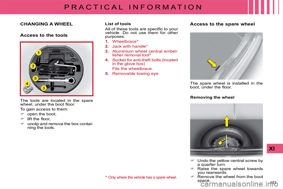 CITROEN C4 2007  Owners Manual 133 
XI
P R A C T I C A L   I N F O R M A T I O N
             CHANGING A WHEEL 
  Access to the tools  
 The  tools  are  located  in  the  spare  
�w�h�e�e�l�,� �u�n�d�e�r� �t�h�e� �b�o�o�t� �ﬂ� �