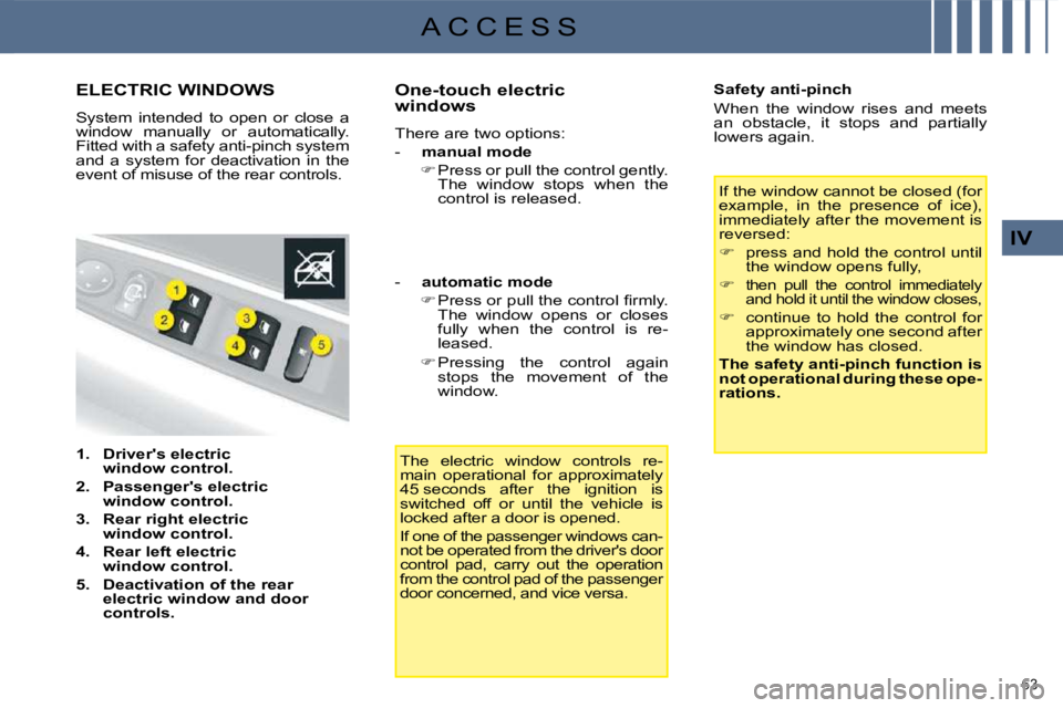CITROEN C4 2007 Workshop Manual 63 
IV
A C C E S S
             ELECTRIC WINDOWS 
 System  intended  to  open  or  close  a  
window  manually  or  automatically. 
Fitted with a safety anti-pinch system 
and  a  system  for  deactiv