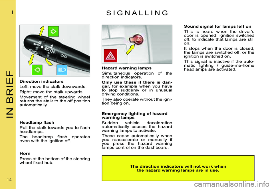 CITROEN C4 2006 User Guide �I�N� �B�R�I�E�F
�I
�1�4� �S �I �G �N �A �L �L �I �N �G
�D�i�r�e�c�t�i�o�n� �i�n�d�i�c�a�t�o�r�s 
�L�e�f�t�:� �m�o�v�e� �t�h�e� �s�t�a�l�k� �d�o�w�n�w�a�r�d�s�.
�R�i�g�h�t�:� �m�o�v�e� �t�h�e� �s�t�a�