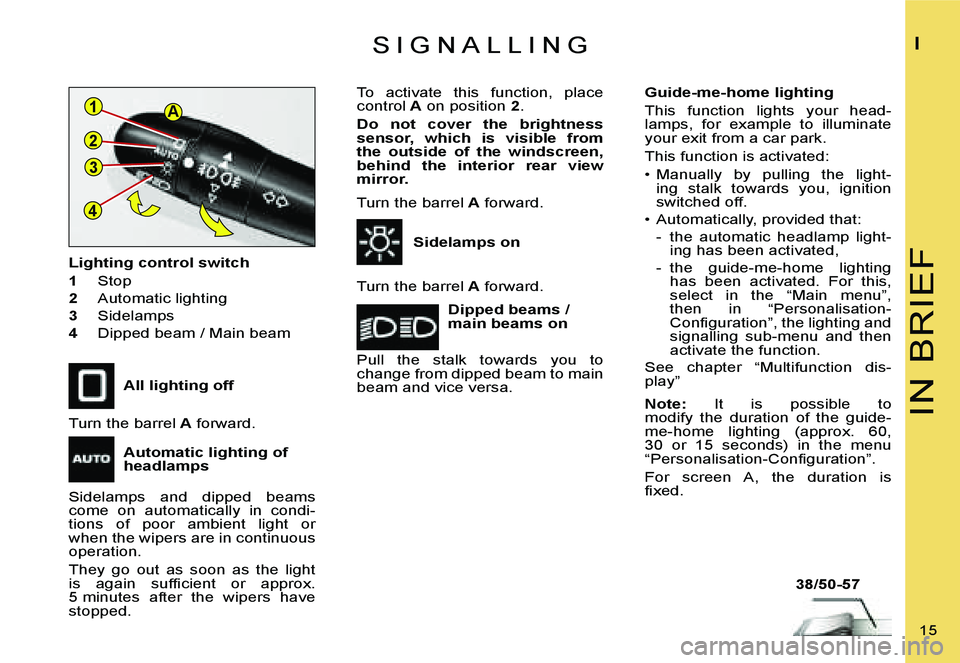 CITROEN C4 2006 User Guide �4�3
�A
�2 �1
�I�N� �B�R�I�E�F
�I
�1�5� 
�S �I �G �N �A �L �L �I �N �G
�A�l�l� �l�i�g�h�t�i�n�g� �o�f�f
�L�i�g�h�t�i�n�g� �c�o�n�t�r�o�l� �s�w�i�t�c�h 
�1
�  �S�t�o�p
�2 �  �A�u�t�o�m�a�t�i�c� �l�i�g�