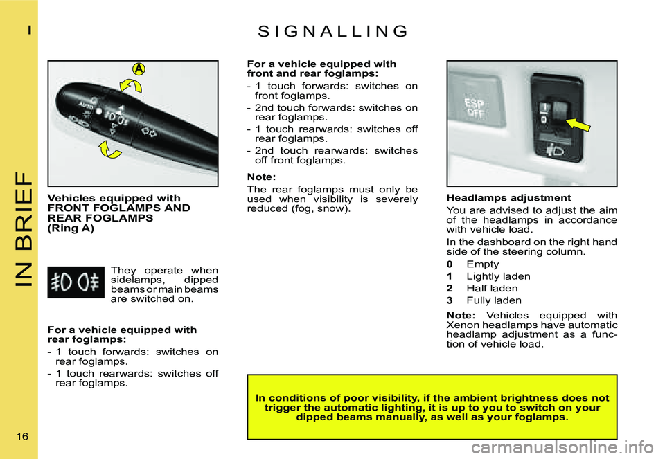 CITROEN C4 2006 User Guide �A
�I�N� �B�R�I�E�F
�I
�1�6� �S �I �G �N �A �L �L �I �N �G
�V�e�h�i�c�l�e�s� �e�q�u�i�p�p�e�d� �w�i�t�h�  
�F�R�O�N�T� �F�O�G�L�A�M�P�S� �A�N�D� 
�R�E�A�R� �F�O�G�L�A�M�P�S� � 
�(�R�i�n�g� �A�)
�I�n� 