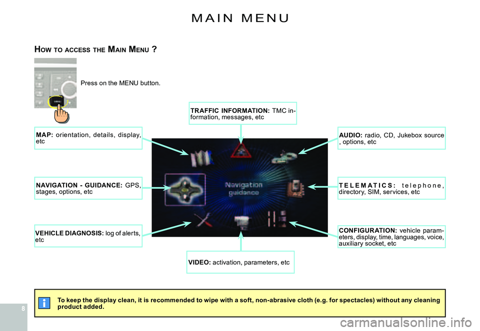 CITROEN C4 2006  Owners Manual 88
m A I N   m E N u
�T�o� �k�e�e�p� �t�h�e� �d�i�s�p�l�a�y� �c�l�e�a�n�,� �i�t� �i�s� �r�e�c�o�m�m�e�n�d�e�d� �t�o� �w�i�p�e� �w�i�t�h� �a� �s�o�f�t�,� �n�o�n�-�a�b�r�a�s�i�v�e� �c�l�o�t�h� �(�e�.�g�