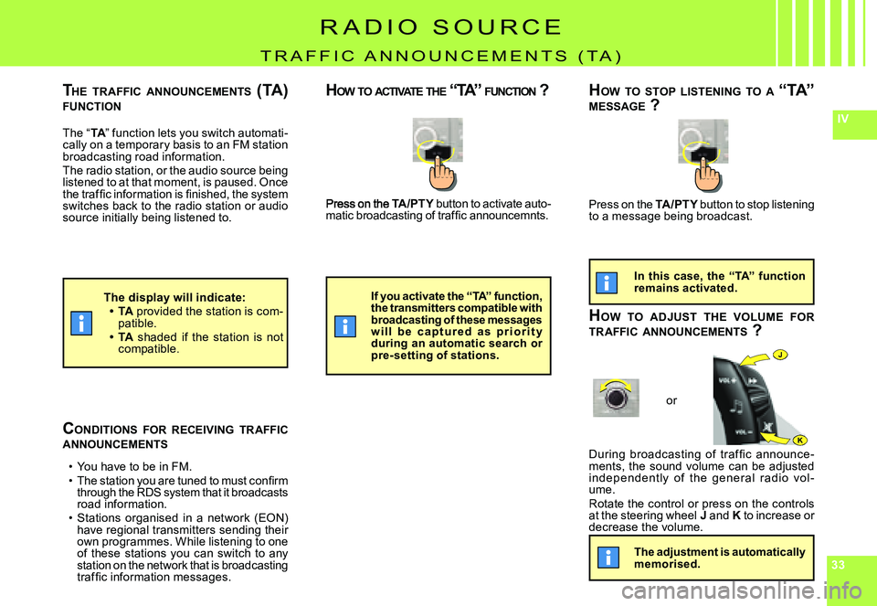 CITROEN C4 2006  Owners Manual 333333
IV
J
�K
TA/PTY button to activate auto-PTY�m�a�t�i�c� �b�r�o�a�d�c�a�s�t�i�n�g� �o�f� �t�r�a�f�ﬁ� �c� �a�n�n�o�u�n�c�e�m�n�t�s�.
�D�u�r�i�n�g�  �b�r�o�a�d�c�a�s�t�i�n�g�  �o�f�  �t�r�a�f �ﬁ