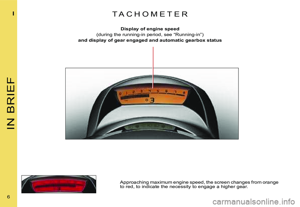 CITROEN C4 2006  Owners Manual �I�N� �B�R�I�E�F
�I
�6� �D�i�s�p�l�a�y� �o�f� �e�n�g�i�n�e� �s�p�e�e�d
�(�d�u�r�i�n�g� �t�h�e� �r�u�n�n�i�n�g�-�i�n� �p�e�r�i�o�d�,� �s�e�e� �“�R�u�n�n�i�n�g�-�i�n�”�)
�a�n�d� �d�i�s�p�l�a�y� �o�f