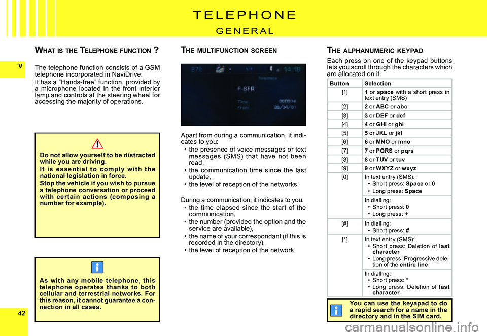 CITROEN C4 2006  Owners Manual 4242
V
T E L E P H O N E
G E N E R A L
The  telephone  function  consists  of  a GSm telephone incorporated in NaviDrive.It has a “Hands-free” function, provided by a  microphone  located  in  the