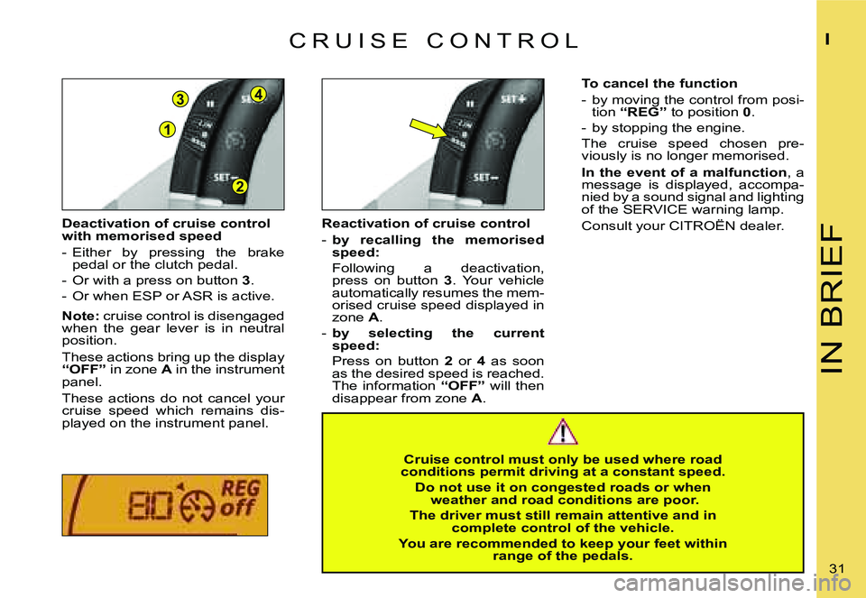 CITROEN C4 2006 Owners Manual �1
�3
�2
�4
�I�N� �B�R�I�E�F
�I
�3�1� 
�D�e�a�c�t�i�v�a�t�i�o�n� �o�f� �c�r�u�i�s�e� �c�o�n�t�r�o�l�  
�w�i�t�h� �m�e�m�o�r�i�s�e�d� �s�p�e�e�d 
�-�  �E�i�t�h�e�r�  �b�y�  �p�r�e�s�s�i�n�g�  �t�h�e�  