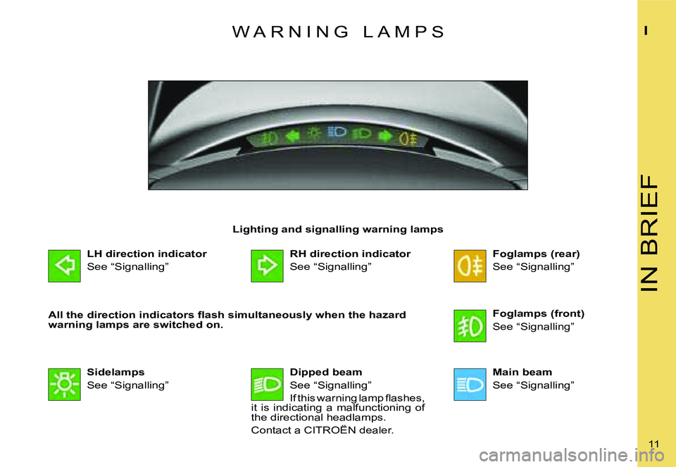 CITROEN C4 2006  Owners Manual �I�N� �B�R�I�E�F
�I
�1�1� 
�L�H� �d�i�r�e�c�t�i�o�n� �i�n�d�i�c�a�t�o�r 
�S�e�e� �“�S�i�g�n�a�l�l�i�n�g�” �W �A �R �N �I �N �G �  �L �A �M �P �S
�S�i�d�e�l�a�m�p�s
�S�e�e� �“�S�i�g�n�a�l�l�i�n�g
