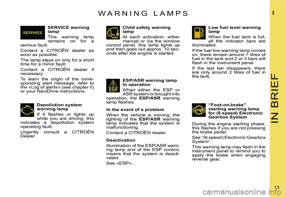 CITROEN C4 2006  Owners Manual �I�N� �B�R�I�E�F
�I
�1�3� 
�W �A �R �N �I �N �G �  �L �A �M �P �S
�D�e�p�o�l�l�u�t�i�o�n� �s�y�s�t�e�m�  
�w�a�r�n�i�n�g� �l�a�m�p 
�I�f�  �i�t�  �ﬂ�a�s�h�e�s �o�r �l�i�g�h�t�s �u�p 
�w�h�i�l�e�  �y