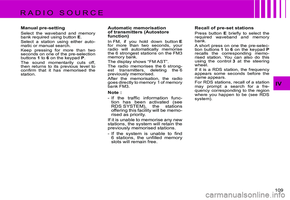 CITROEN C4 2004  Owners Manual �1�0�9� 
�I�V
�R �A �D �I �O �  �S �O �U �R �C �E�M�a�n�u�a�l� �p�r�e�-�s�e�t�t�i�n�g
�S�e�l�e�c�t�  �t�h�e�  �w�a�v�e�b�a�n�d�  �a�n�d�  �m�e�m�o�r�y�  
�b�a�n�k� �r�e�q�u�i�r�e�d� �u�s�i�n�g� �b�u�t