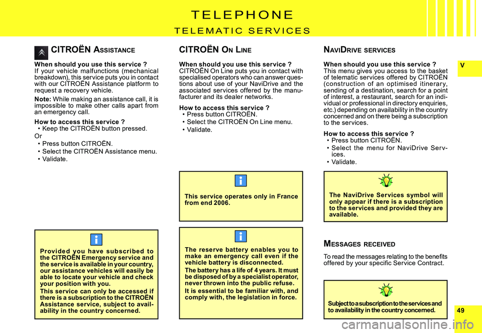 CITROEN C4 2004  Owners Manual 4949
V
MESSAGES 	RECEIVED
�T�o� �r�e�a�d� �t�h�e� �m�e�s�s�a�g�e�s� �r�e�l�a�t�i�n�g� �t�o� �t�h�e� �b�e�n�e�ﬁ� �t�s� �o�f�f�e�r�e�d� �b�y� �y�o�u�r� �s�p�e�c�i�ﬁ� �c� �S�e�r�v�i�c�e� �C�o�n�t�r�a