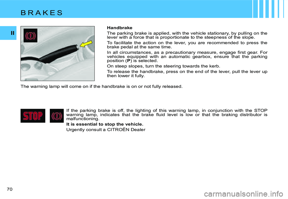 CITROEN C4 2004 Repair Manual �I�I
�7�0� �H�a�n�d�b�r�a�k�e 
�T�h�e� �p�a�r�k�i�n�g� �b�r�a�k�e� �i�s� �a�p�p�l�i�e�d�,� �w�i�t�h� �t�h�e� �v�e�h�i�c�l�e� �s�t�a�t�i�o�n�a�r�y�,� �b
�y� �p�u�l�l�i�n�g� �o�n� �t�h�e� 
�l�e�v�e�r� �