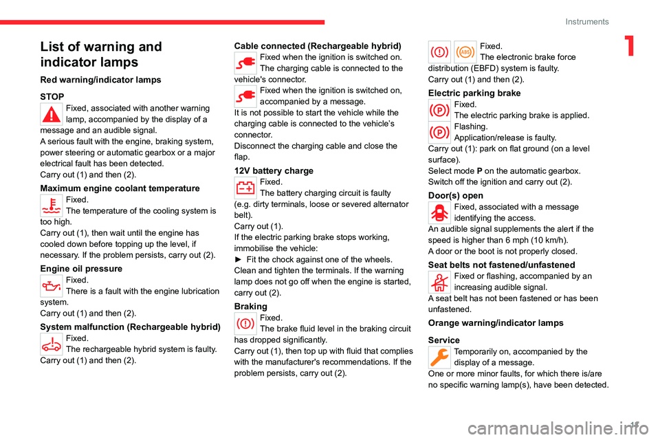 CITROEN C5 2022  Owners Manual 13
Instruments
1List of warning and 
indicator lamps
Red warning/indicator lamps
STOP
Fixed, associated with another warning 
lamp, accompanied by the display of a 
message and an audible signal.
A se