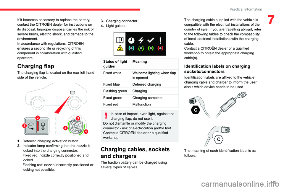 CITROEN C5 2022  Owners Manual 143
Practical information
7If it becomes necessary to replace the battery, 
contact the CITROËN dealer for instructions on 
its disposal. Improper disposal carries the risk of 
severe burns, electric