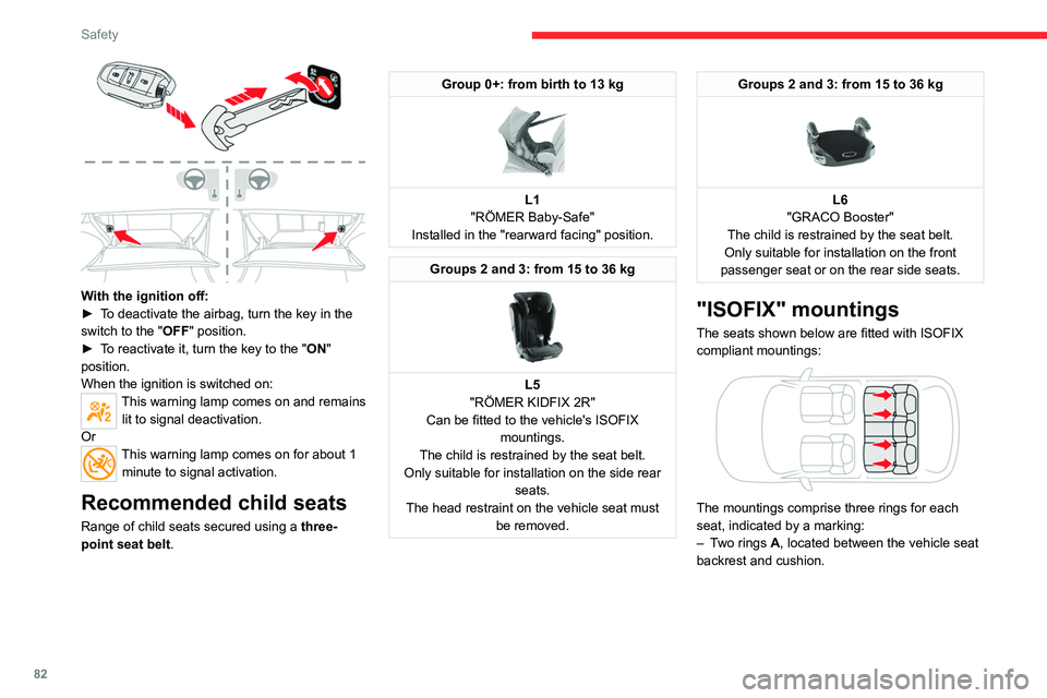 CITROEN C5 2022 Manual Online 82
Safety
 
With the ignition off:
► T o deactivate the airbag, turn the key in the 
switch to the "OFF " position. 
►
 
T
 o reactivate it, turn the key to the "ON" 
position.
Whe