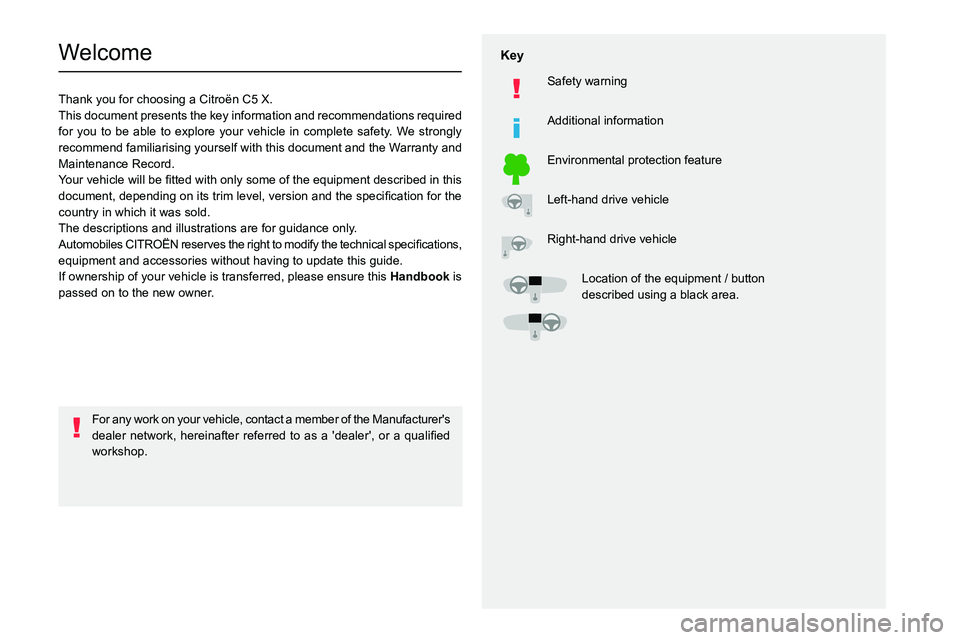 CITROEN C5 2021 Owners Manual
Welcome
Thank you for choosing a Citroën C5 X.
This document presents the key information and recommendations required
for you to be able to expl CITROEN C5 2021 Owners Manual
Welcome
Thank you for choosing a Citroën C5 X.
This document presents the key information and recommendations required
for you to be able to expl