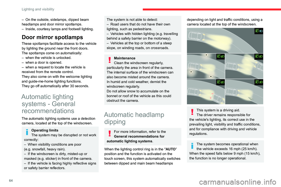 CITROEN C5 2021 Owners Manual 64
Lighting and visibility
– On the outside, sidelamps, dipped beam
headlamps and door mirror spotlamps.
–
Inside, courtesy lamps and footwell lighting.
Door mirror spotlamps
These spotlamps fa CITROEN C5 2021 Owners Manual 64
Lighting and visibility
– On the outside, sidelamps, dipped beam
headlamps and door mirror spotlamps.
–
Inside, courtesy lamps and footwell lighting.
Door mirror spotlamps
These spotlamps fa