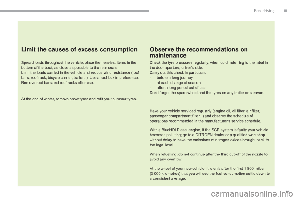 CITROEN C5 2020  Owners Manual 13
C5_EN_CHAP00C_ECO-CONDUITE_ED01-2016.
Limit the causes of excess consumption
Spread loads throughout the vehicle; place the heaviest items in the 
bottom of the boot, as close as possible to the re