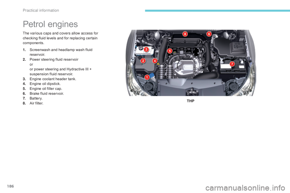 CITROEN C5 2020  Owners Manual 186
C5_en_Chap07_info-pratiques_ed01-2016
The various caps and covers allow access for 
checking fluid levels and for replacing certain 
components.THP
Petrol engines
1. Screenwash and headlamp wash f